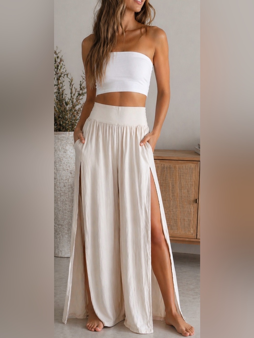 AERIE for OFF LINE Cream Wide-Leg Split Maxi Skirt